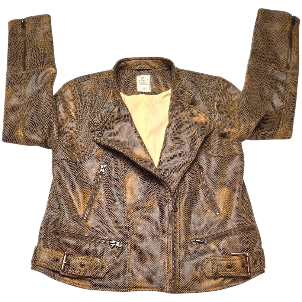 Free People Fenix Snakeskin Moto Jacket Brown Faux Leather Biker L NWOT - Picture 9 of 16